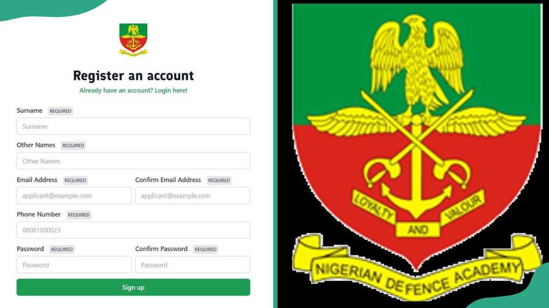 Nigeria Defence Academy logo and registration form