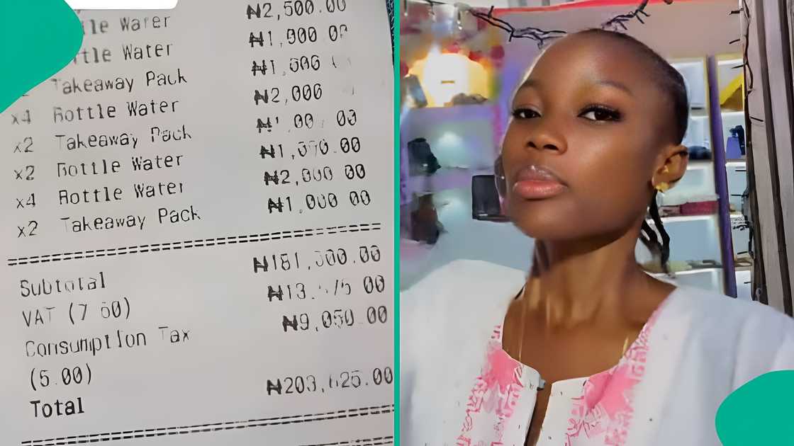 Lady shares receipt as restaurant charges N13,575 VAT, N9,000 consumption tax Lady shares receipt as restaurant charges N13,575 VAT, N9,000 consumption tax
