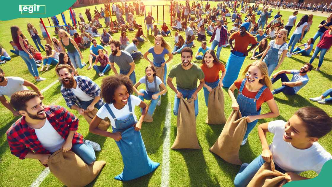 Group of individuals participating in various field day games