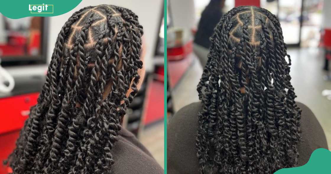 A woman shows off her knotless passion twists