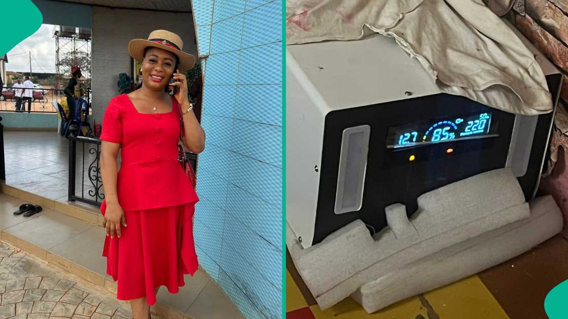 Photo as Nigerian lady shows netizens her solar generator which powers her TV, laptop and other things at home