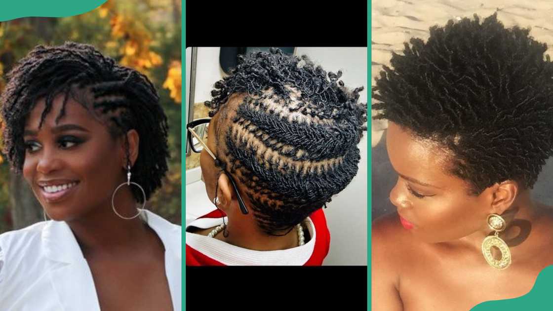 Sisterlocks with lines on the side (L), side cornrows (C), and short sisterlocks (R)