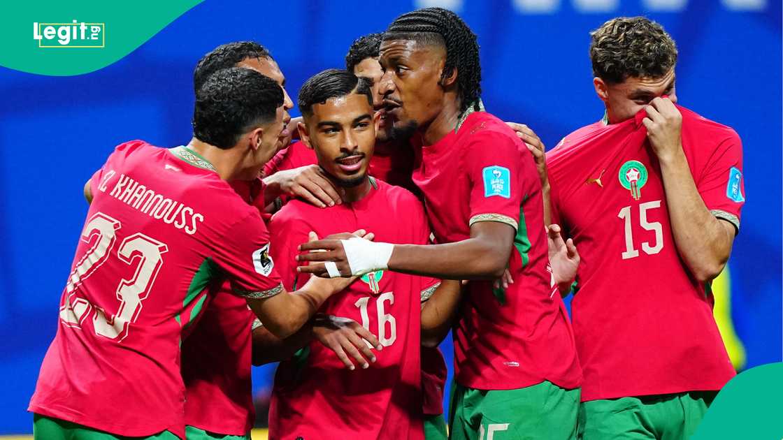 Gassime Yassine of Morocco celebrates with teammates after scoring against Haiti. Photo by Evrim Aydin