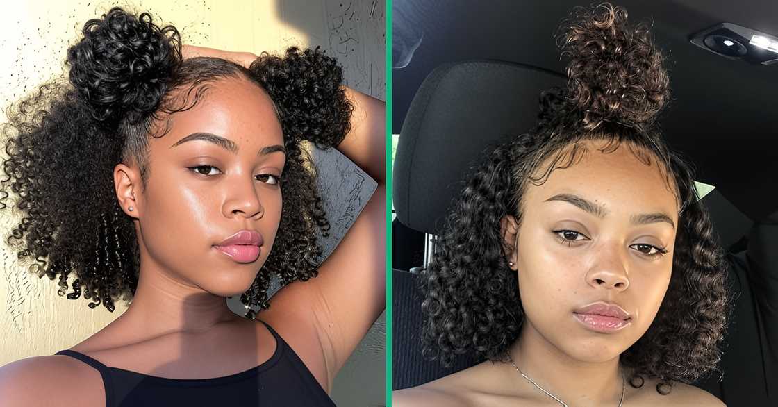 Curly natural hair styled in space buns and a top bun with laid edges.