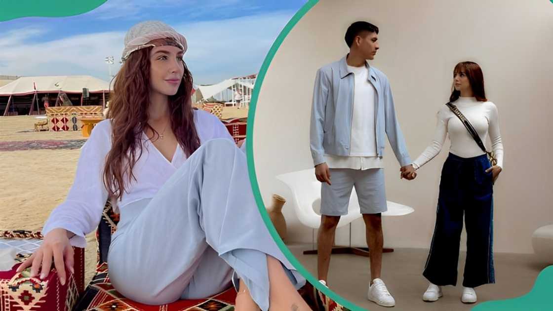 Sofía Toache posing in a white top (L). Edson Álvarez and his fiancé posing while holding hands (R).