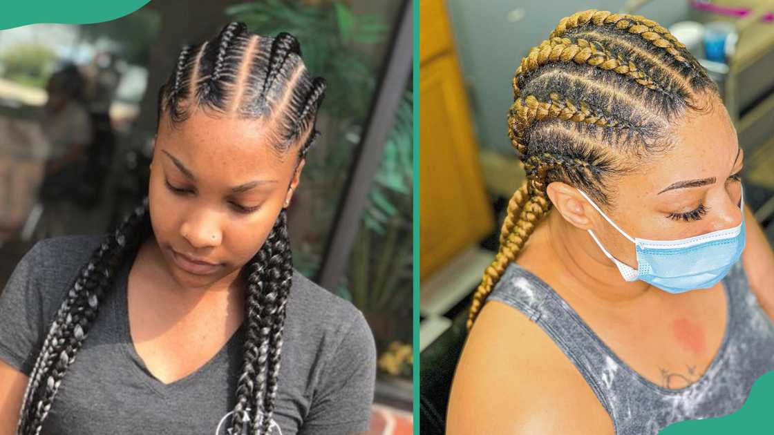 Six cornrows to the back.