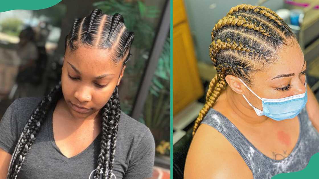 Six cornrows to the back. Six cornrows to the back.