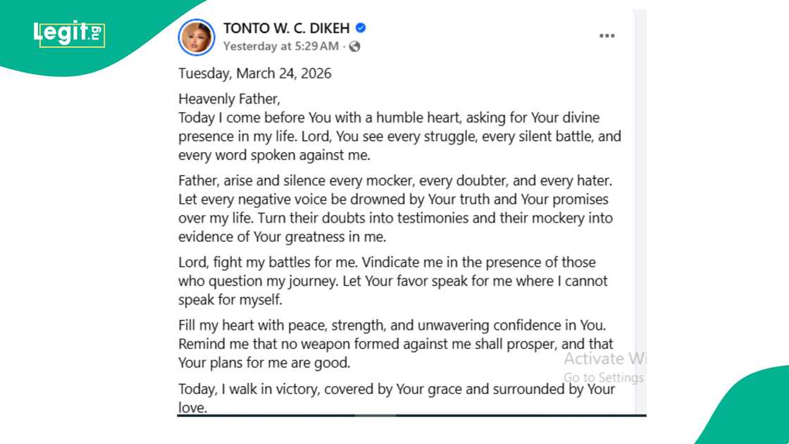 Tonto DIkeh shares her prayer points for people who express doubt about her faith. Tonto DIkeh shares her prayer points for people who express doubt about her faith.
