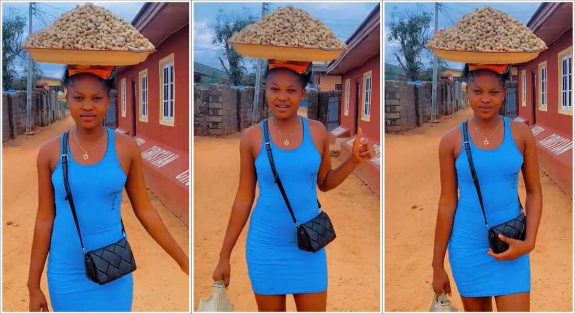 Photos of a beautiful lady hawking groundnut.