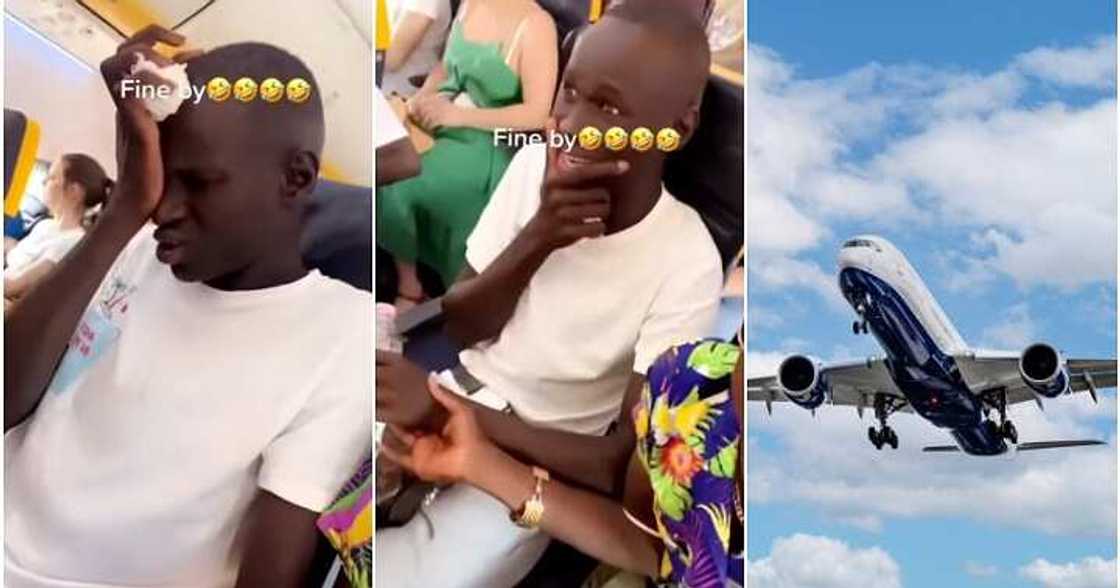 Man flies on aeroplane, scared, flight Man flies on aeroplane, scared, flight
