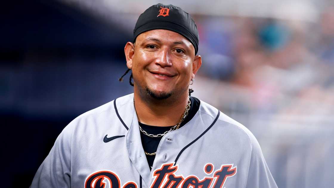 Miguel Cabrera is pictures in a Detroit Tigers baseball kit. Miguel Cabrera is pictures in a Detroit Tigers baseball kit.
