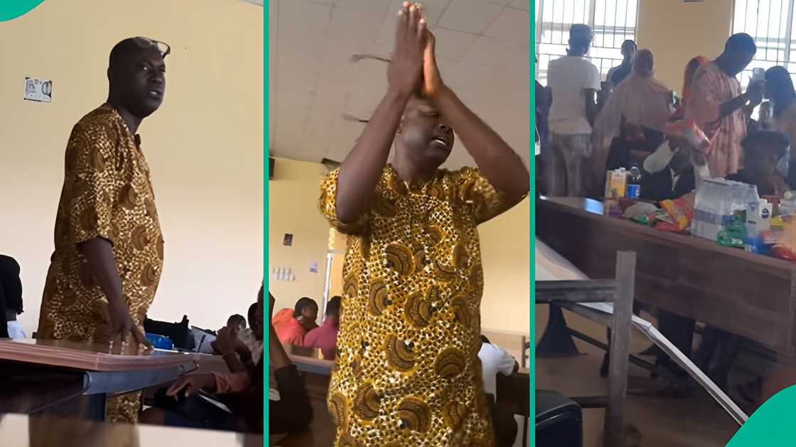 A FUOYE lecturer could not hold himself as students gave him unexpected gifts in class. A FUOYE lecturer could not hold himself as students gave him unexpected gifts in class.