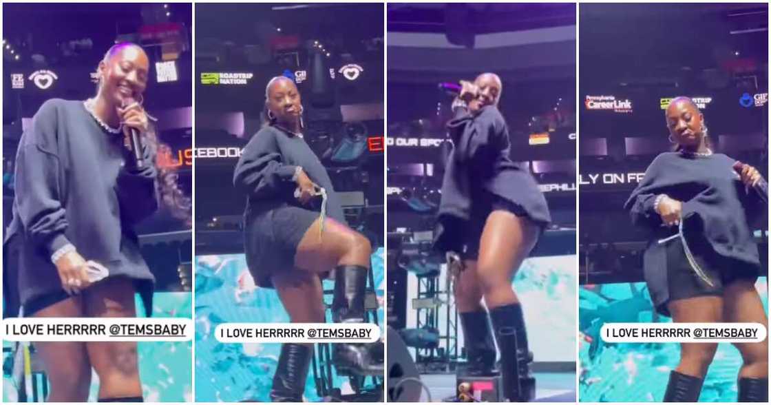 Tems shyly shakes backside on stage. Tems shyly shakes backside on stage.