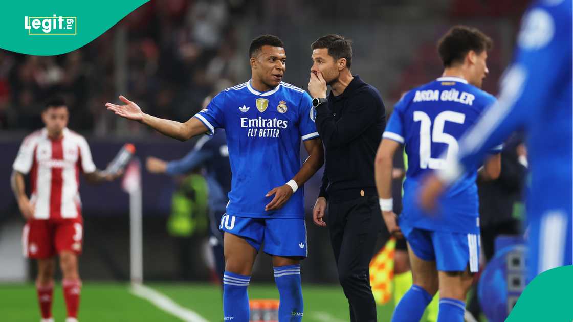 Kylian Mbappe, Xabi Alonso, Arda Guler, Real Madrid, Olympiacos, Greece, UEFA Champions League. Kylian Mbappe, Xabi Alonso, Arda Guler, Real Madrid, Olympiacos, Greece, UEFA Champions League.