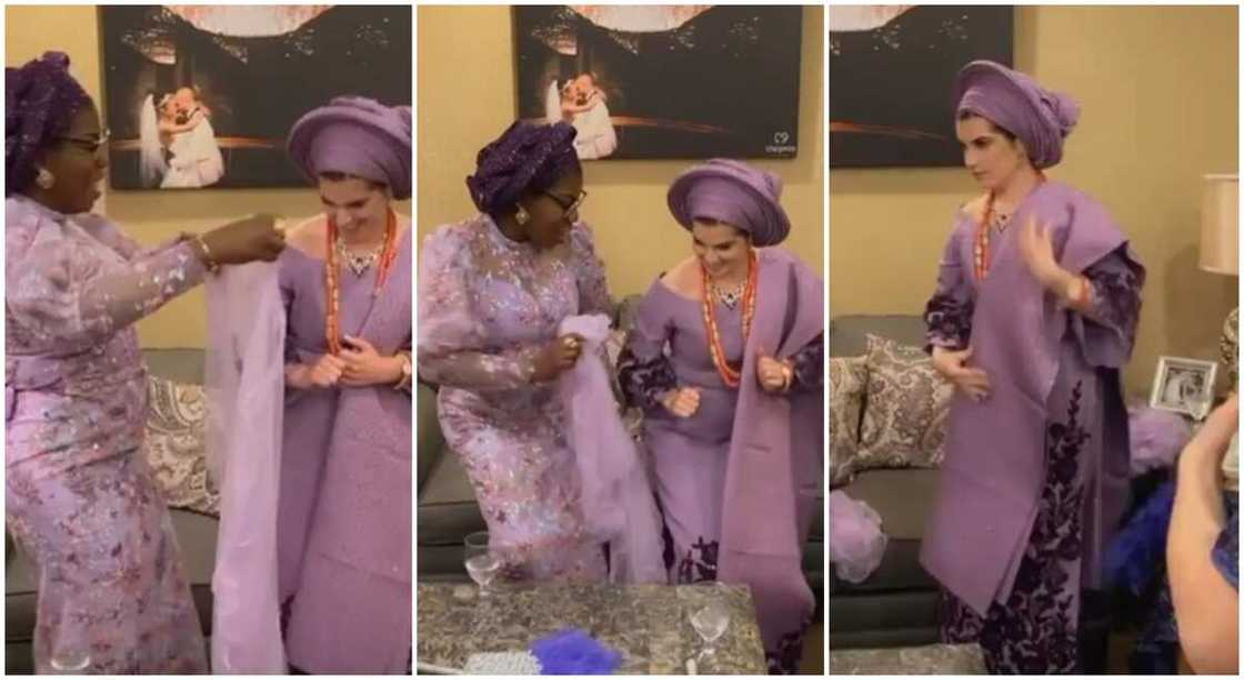 Oyinbo bride in purple Yoruba dress prepares to be engaged to a Nigerian man. Oyinbo bride in purple Yoruba dress prepares to be engaged to a Nigerian man.