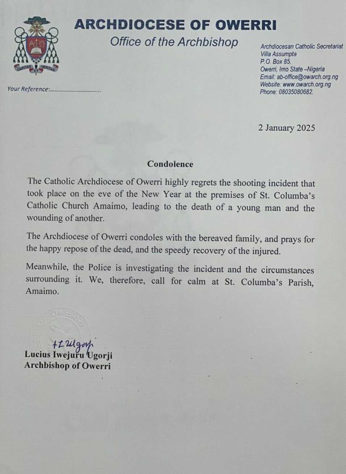Catholic letter on Imo tragedy Catholic letter on Imo tragedy