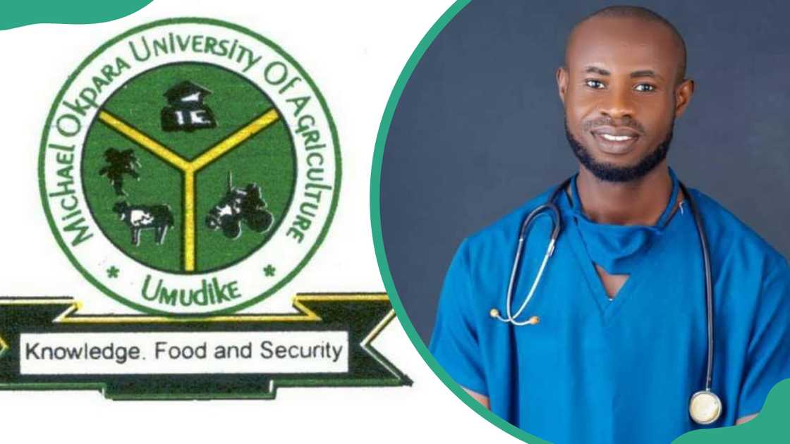 MOUAU logo (L). MOUAU student with a stethoscope on his shoulders (R). MOUAU logo (L). MOUAU student with a stethoscope on his shoulders (R).