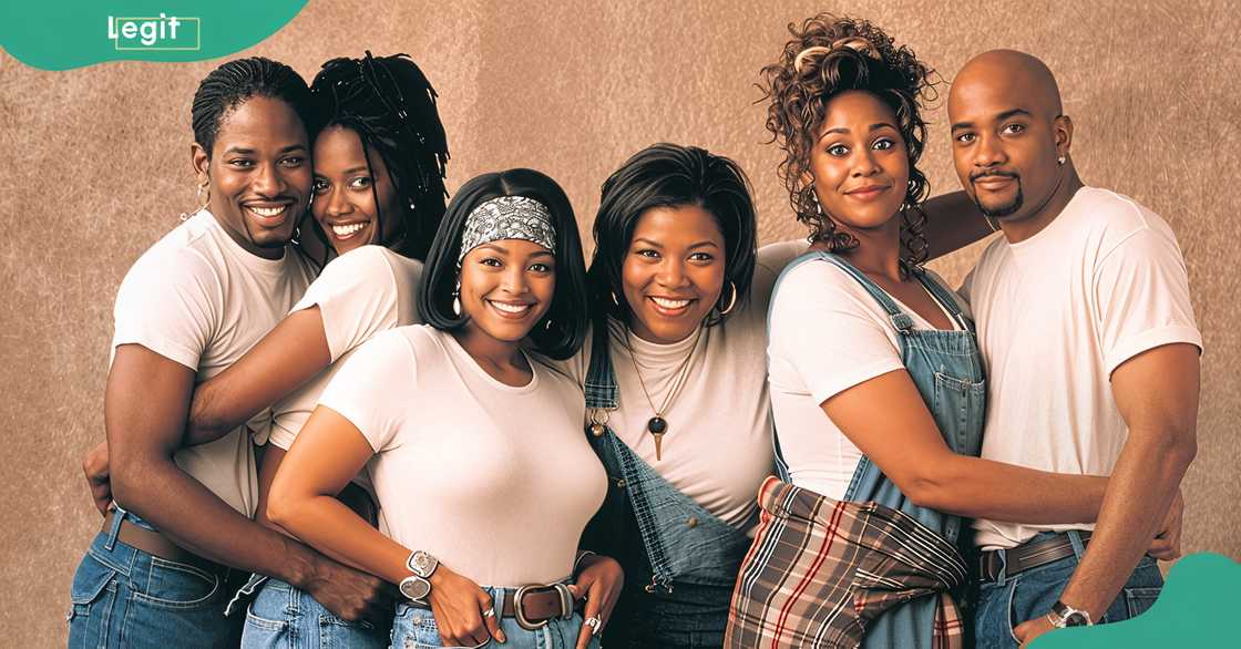 Living Single cast members: Kyle, Max, Regine, Khadijah, Synclaire, and Obie Living Single cast members: Kyle, Max, Regine, Khadijah, Synclaire, and Obie