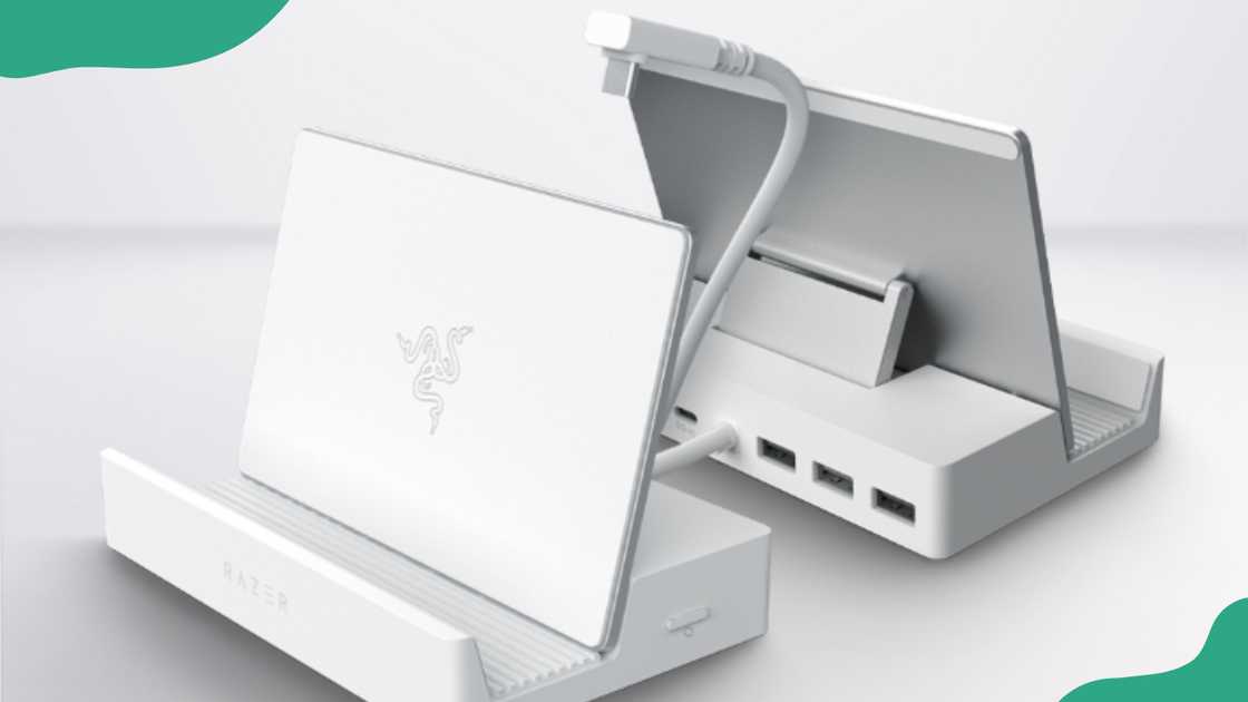 A white gaming dock. A white gaming dock.