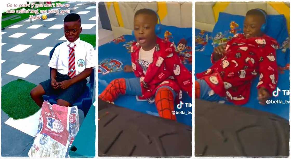 Photos of a boy who got a new school bag.