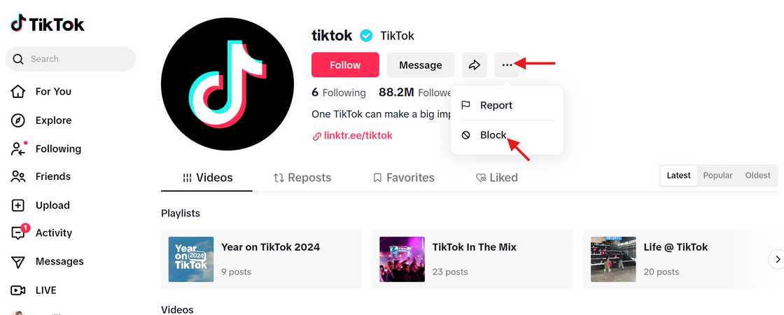 The process of blocking someone on TikTok