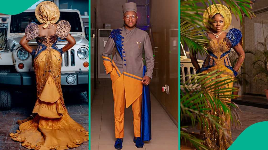 Mimi Okeren’s muse Flora stuns in a regal N10M gold gown with intricate beadwork and structured sleeves. Mimi Okeren’s muse Flora stuns in a regal N10M gold gown with intricate beadwork and structured sleeves.