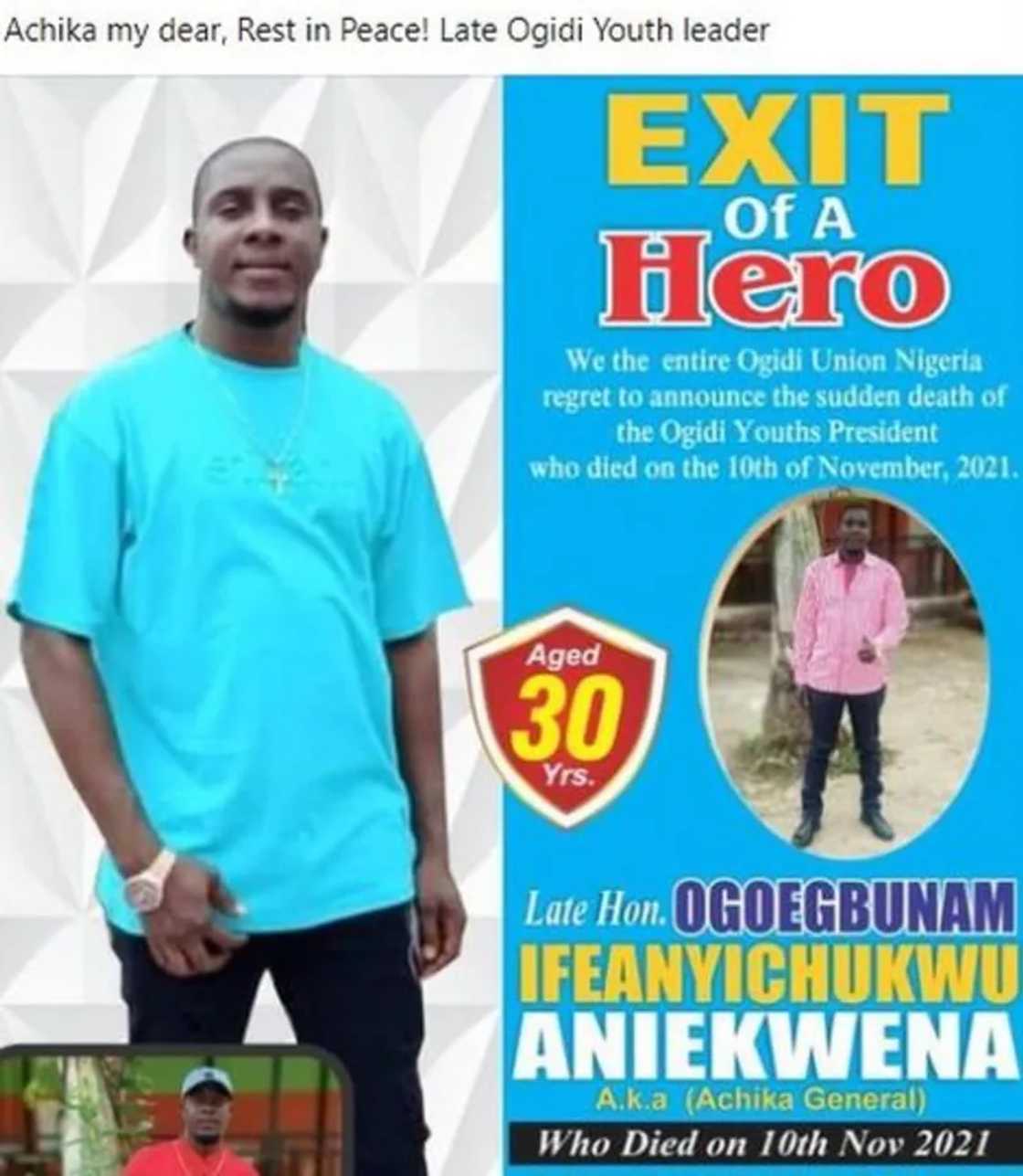 Ogidi Youth leader Ogomegbunam Aniekwena and others were shot dead by unknown gunmen Ogidi Youth leader Ogomegbunam Aniekwena and others were shot dead by unknown gunmen