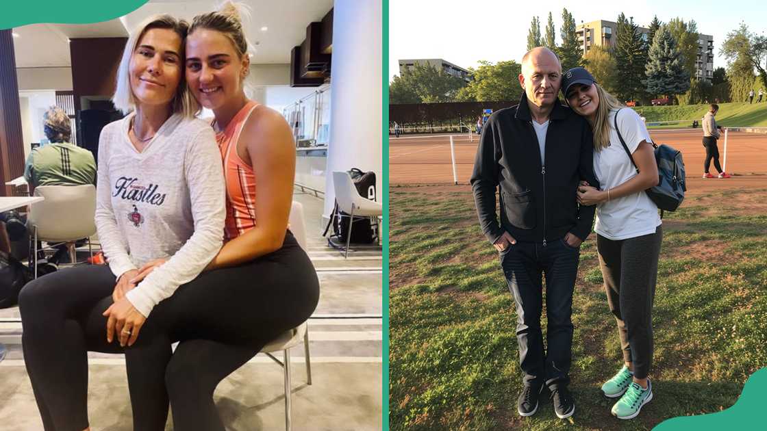Marta Kostyuk with her mom in a training center common area (L). Marta Kostyuk with her dad on a sports field (R) Marta Kostyuk with her mom in a training center common area (L). Marta Kostyuk with her dad on a sports field (R)