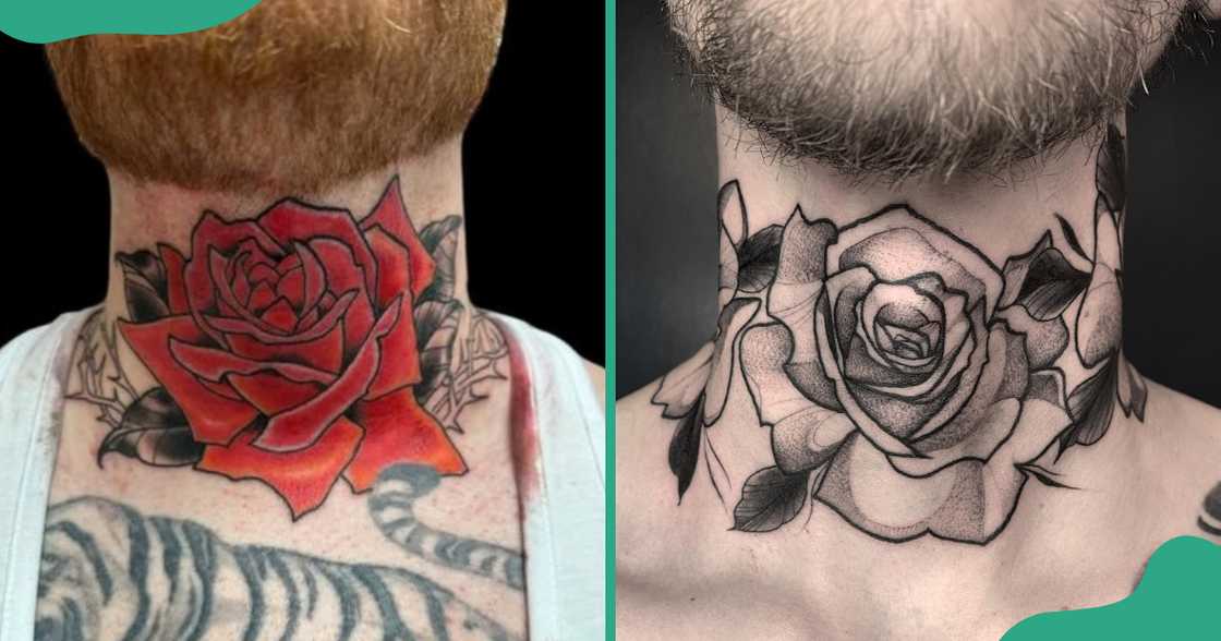 Throat tattoos with roses in coloured and black and grey designs.