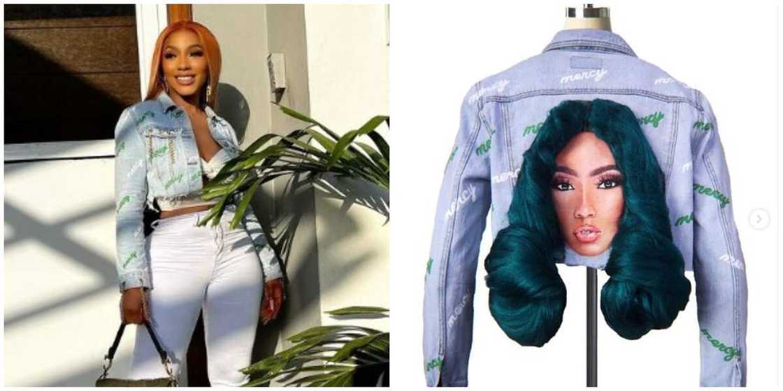 Photos of Mercy Eke and the customised jacket.