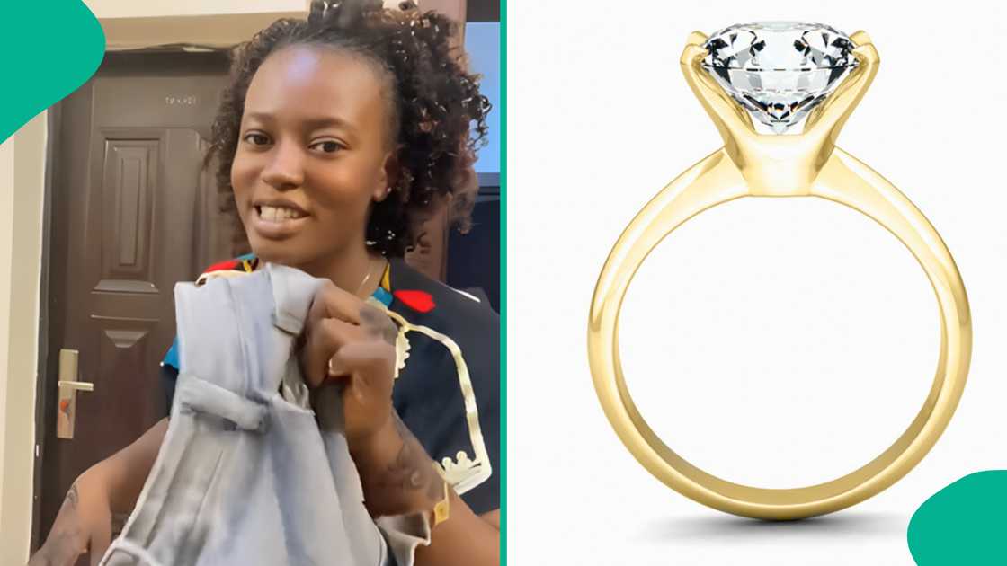 Lady finds her husband's ring in his pocket. Lady finds her husband's ring in his pocket.