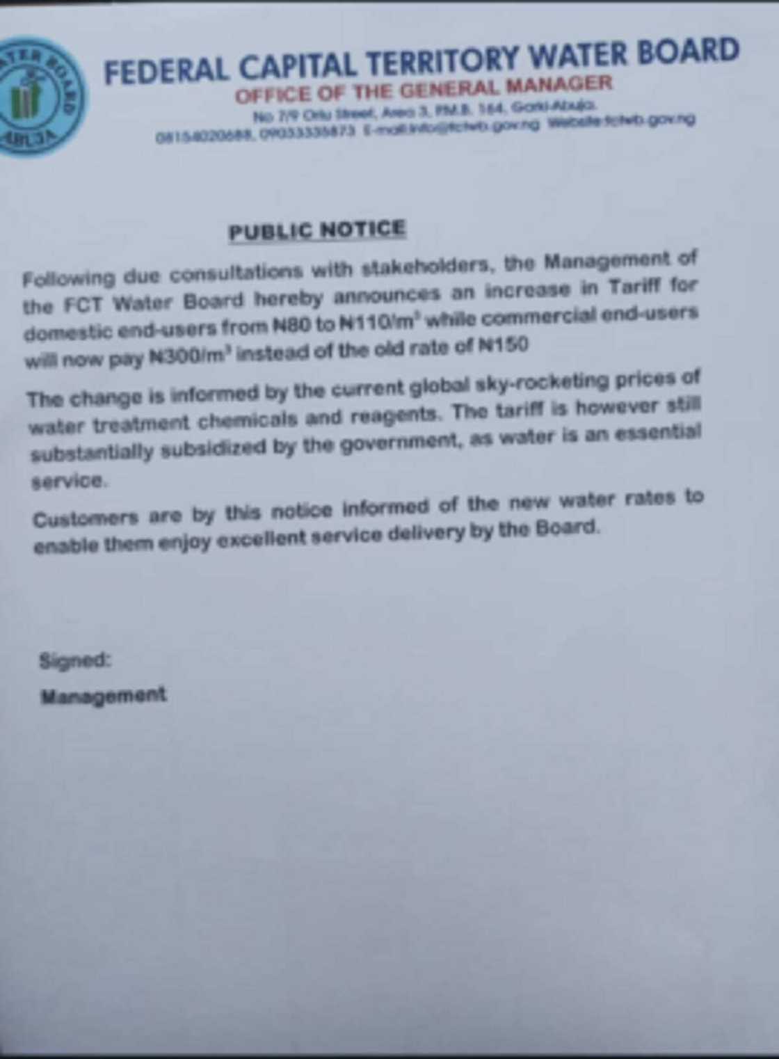 Karin kudin ruwa a Abuja Karin kudin ruwa a Abuja