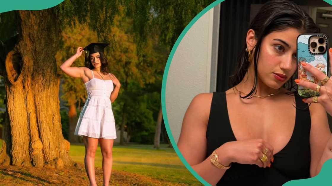 Sara Saffari in a white dress and in a blue vest