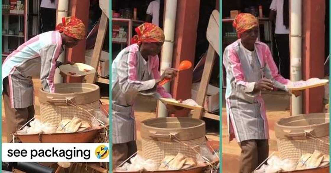 Elderly hawker uses big spoon and tray to sell pure water in video