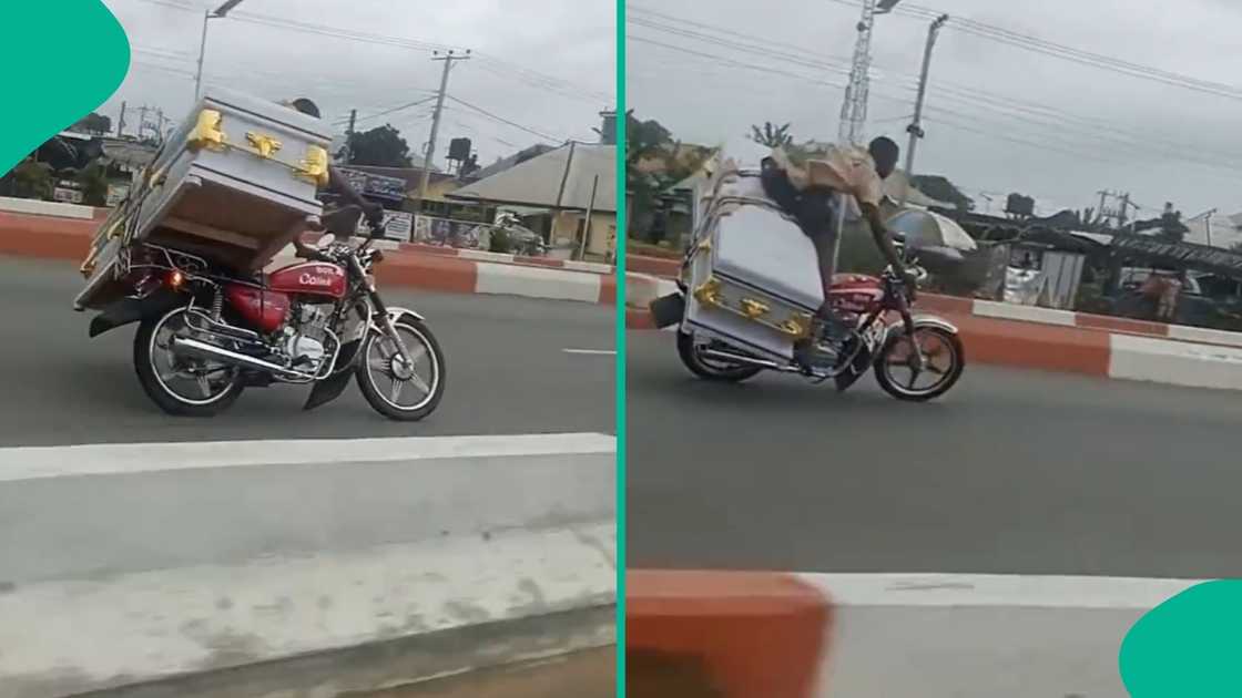 A bike rider goes viral after carrying a coffin on the road in Uyo A bike rider goes viral after carrying a coffin on the road in Uyo