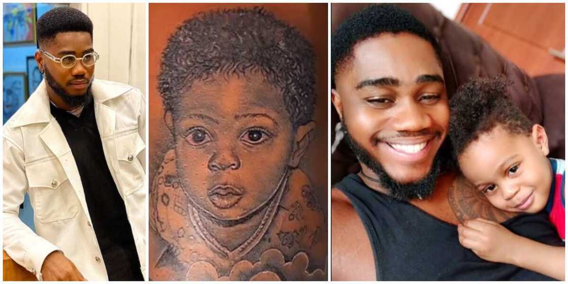 Daddy's boy always: BBNaija star Praises tattoos son's face on his arm Daddy's boy always: BBNaija star Praises tattoos son's face on his arm