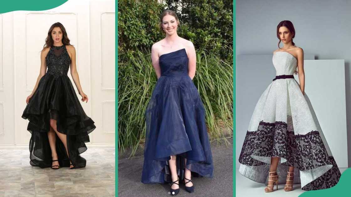 Black high low gown (L), navy blue high low gown (C), and a white and black high low ball gown (R) Black high low gown (L), navy blue high low gown (C), and a white and black high low ball gown (R)