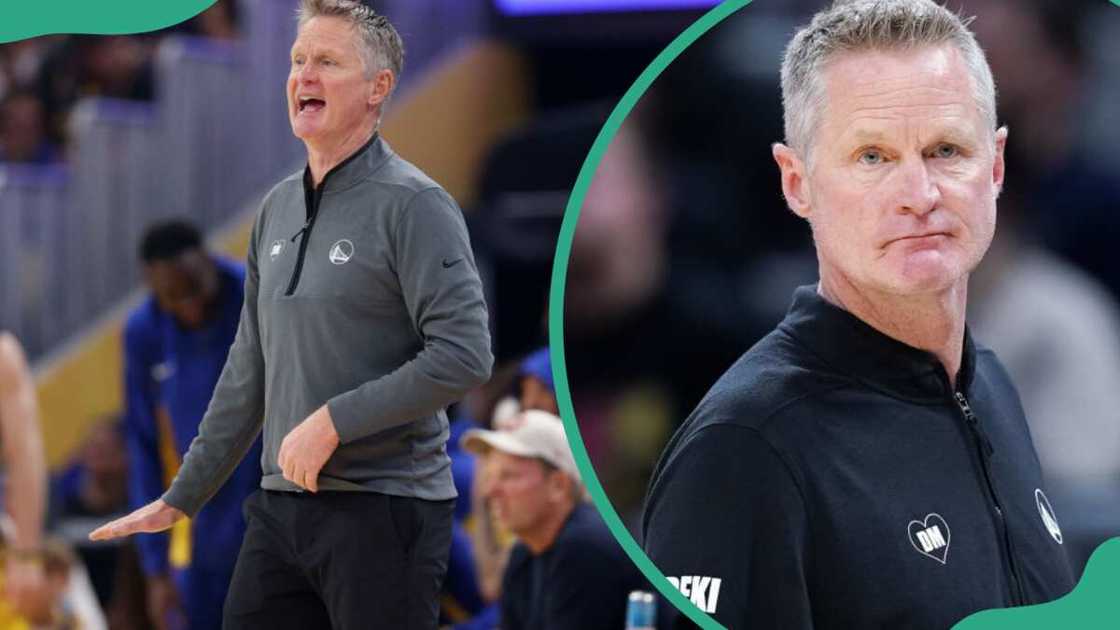 Steve Kerr coaching his team at different past basketball matches