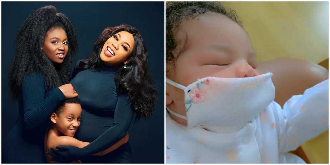 Toyin Lawani unveils face of her newborn daughter.