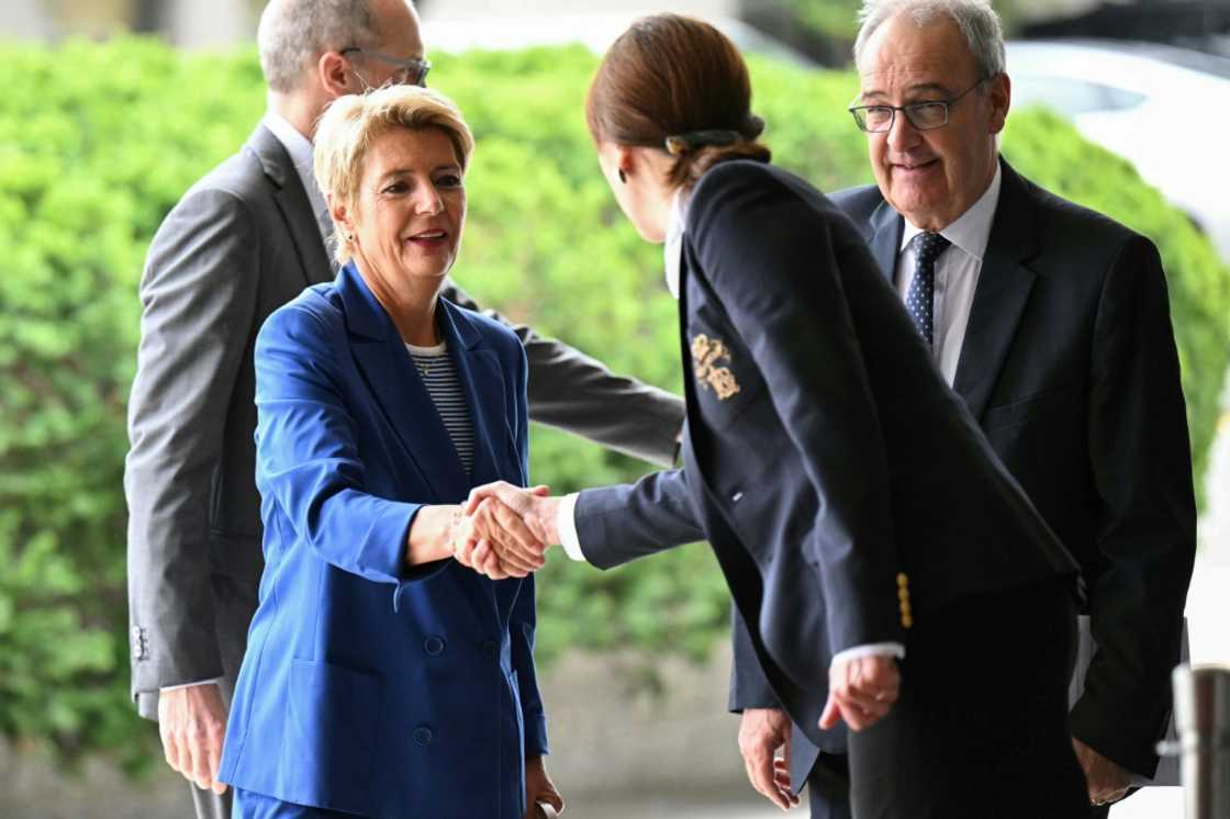 President of the Swiss Confederation Karin Keller-Sutter arrives at the US Department of State where she is scheduled to meet Secretary of State Marco Rubio