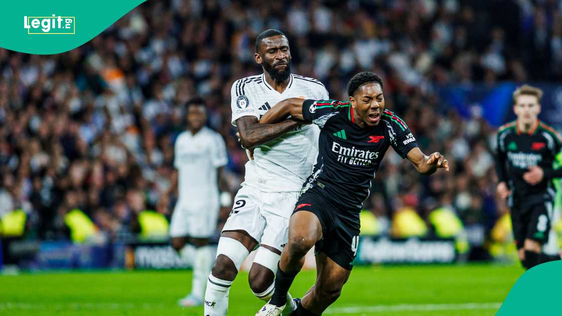 Myles Lewis-Skelly, Antonio Rudiger, UEFA Champions League, quarterfinals, Real Madrid Myles Lewis-Skelly, Antonio Rudiger, UEFA Champions League, quarterfinals, Real Madrid