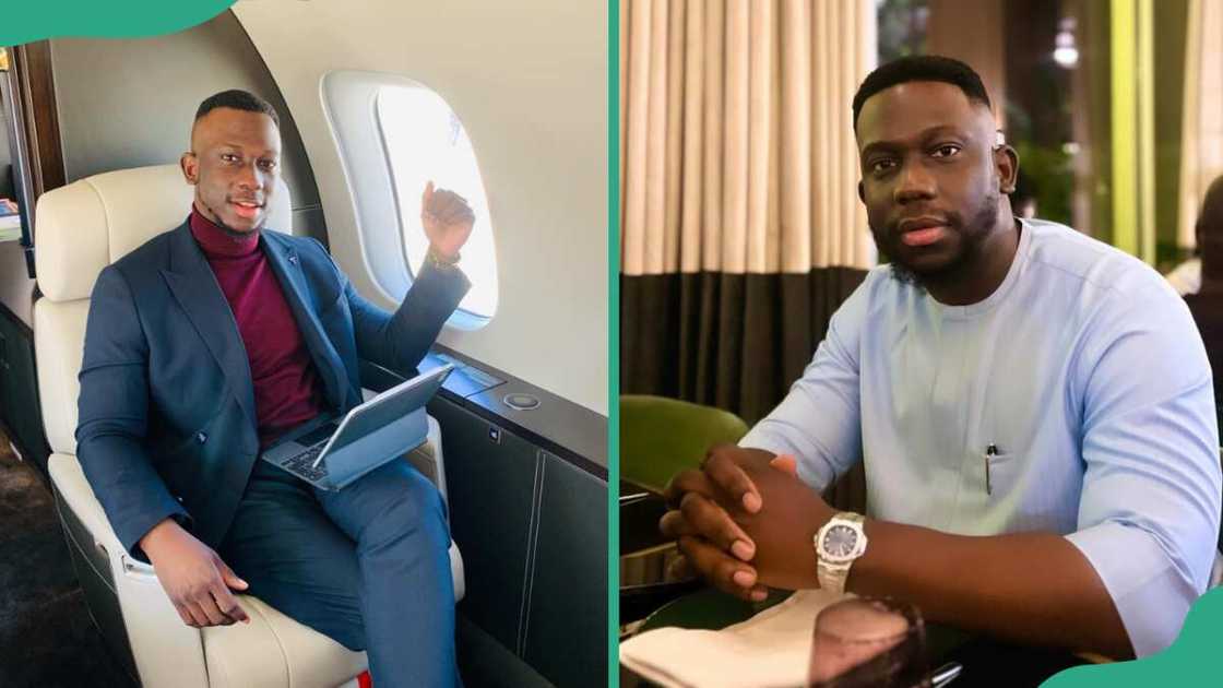 Dapo Willis on a plane with his laptop on his laps (L) and at the house relaxing (R) Dapo Willis on a plane with his laptop on his laps (L) and at the house relaxing (R)