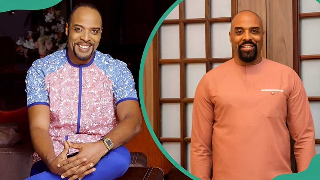 Kalu Ikeagwu sits in a floral-themed room wearing a vibrant patterned shirt and blue pants (L) and stands in a sleek peach outfit (R).