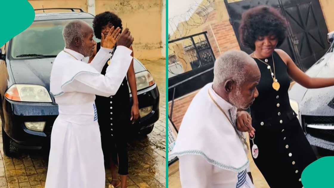 A man celebrating after his daughter bought him a car. A man celebrating after his daughter bought him a car.