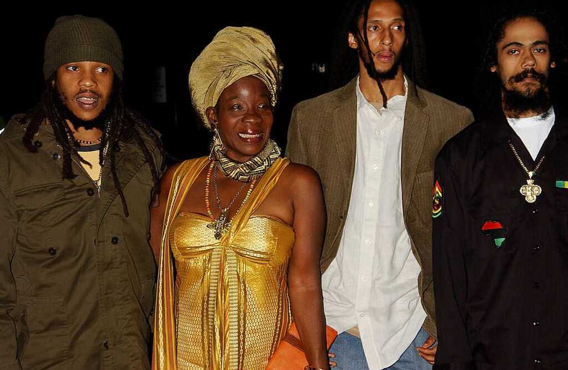 The late Bob Marley's widow and sons, Stephen Marley, Rita Marley, Julian Marley and Damian "Jr. Gong" Marley at the Royal Albert Hall on September 22, 2005 in London, England. (Photo by Dave M. Benett/Getty Images)