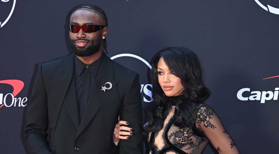 Jaylen Brown and Kysre Gondrezick pose on the ESPY Awards red carpet