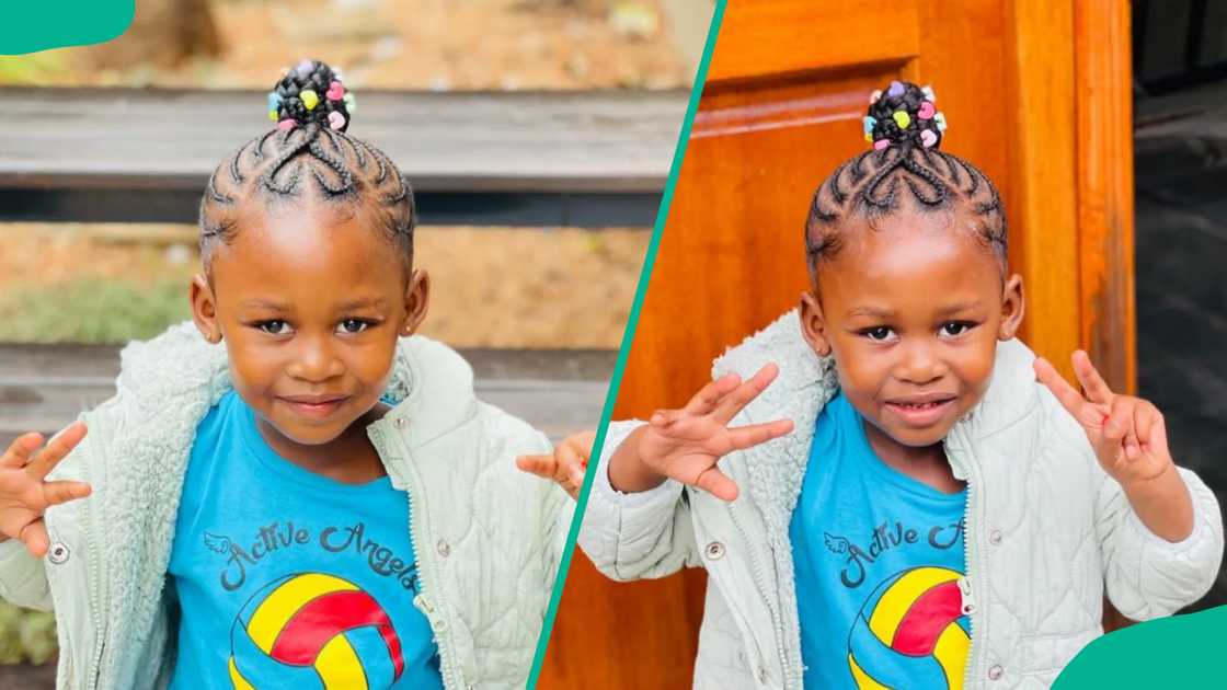 A girl wearing Updo cornrows with colored beads A girl wearing Updo cornrows with colored beads