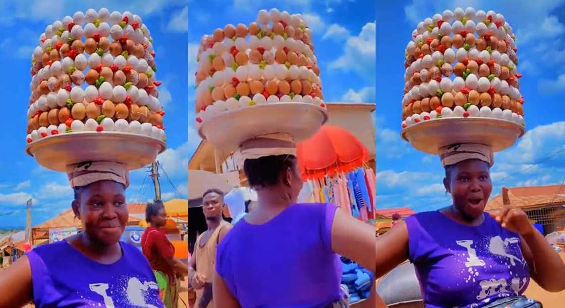 Photos of an egg seller who arranged eggs skillfully.