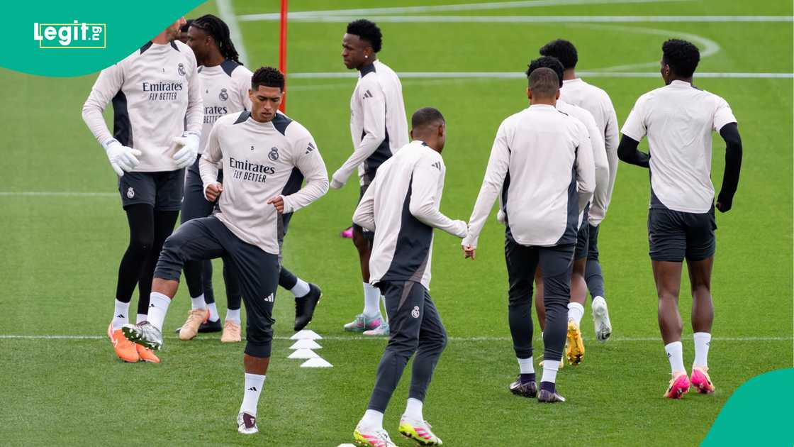 Jude Bellingham, Vincius Jr, Kylian Mbappe, Aurelien Tchouameni, Real Madrid, UEFA Champions League. Jude Bellingham, Vincius Jr, Kylian Mbappe, Aurelien Tchouameni, Real Madrid, UEFA Champions League.