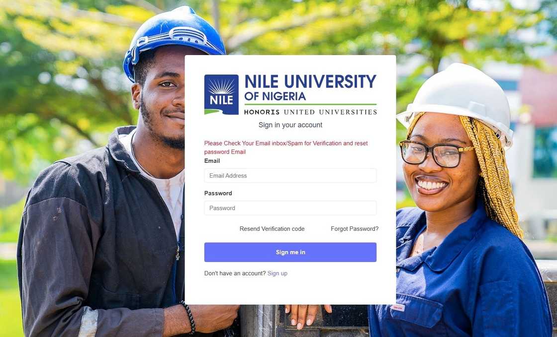 A screenshot of the Nile University application page.